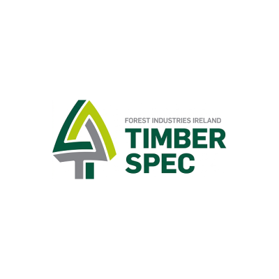 Logo of Timber Spec, Forest Industries Ireland, featuring a green geometric tree symbol.