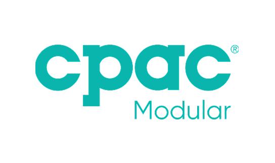 Teal "cpac Modular" logo with stylized lowercase text