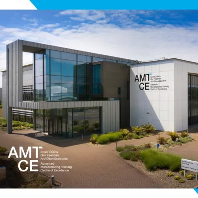 The Advanced Manufacturing Training Centre of Excellence in Dundalk, a modern building with a glass entranceway.  