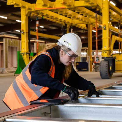 Person in high-vis vest and hard hat inspecting the quality of a metal frame in a factory.