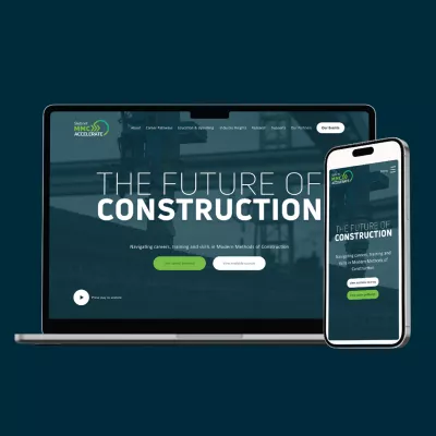 Laptop and smartphone displaying the Skillnet MMC Accelerate website on a blue background.