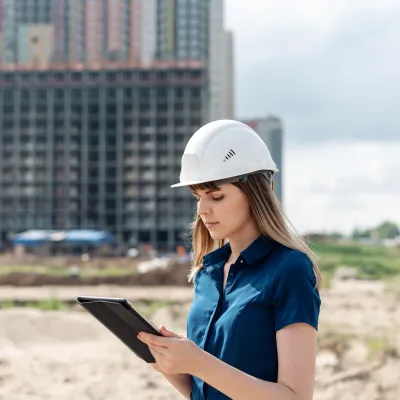 A female in a hard hat with a blue top reads a tablet on a construction site.