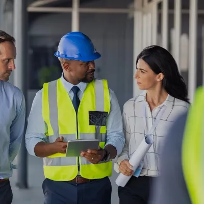 A male in a hard hat and high vis jacket holding a tablet explains something to two people in business clothing.