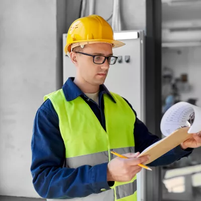A male with a high vis vest, hard hat, and glasses reviews a chart on a clipboard.