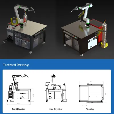 Two robotic arms mounted on metal workstations, shown from different angles.