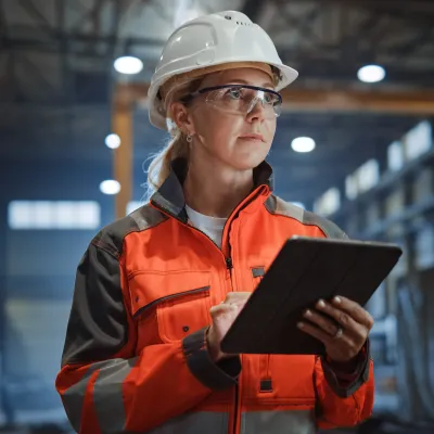 safety officer wearing a hard hat, safety glasses, and a high-visibility jacket, holding a tablet in an industrial warehouse.