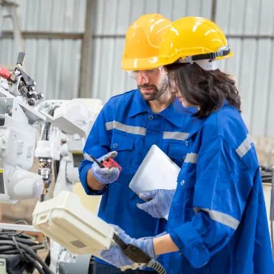 Two people wearing work clothes and yellow hard hats are standing next to a robot.