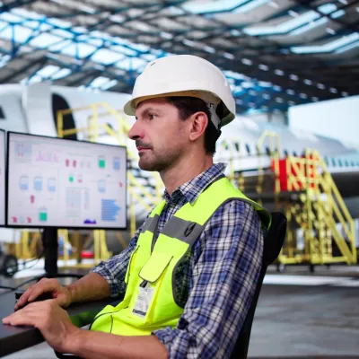 Man in safety vest and helmet monitoring construction plans on multiple computer screens.
