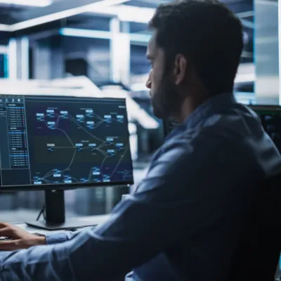 A person is sitting at a desk, working on AI coding for machine learning.