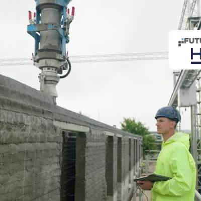 A construction worker in a hard hat and high-vis jacket observes a 3D printer building a concrete wall.