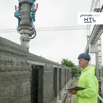 A construction worker in a hard hat and high-vis jacket observes a 3D printer building a concrete wall.