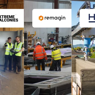Three-panel collage showing: (left) a person monitoring a robotic welding arm in a workshop; (centre) workers in hi-vis jackets assembling modular frames indoors; (right) a 3D printing machine constructing concrete walls outdoors, with two people observing.