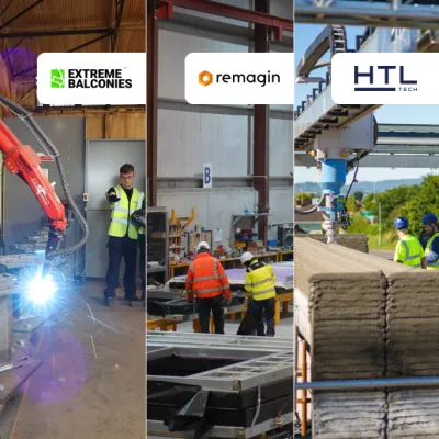 Three-panel collage showing: (left) a person monitoring a robotic welding arm in a workshop; (centre) workers in hi-vis jackets assembling modular frames indoors; (right) a 3D printing machine constructing concrete walls outdoors, with two people observing.