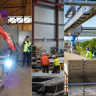 Three-panel collage showing: (left) a person monitoring a robotic welding arm in a workshop; (centre) workers in hi-vis jackets assembling modular frames indoors; (right) a 3D printing machine constructing concrete walls outdoors, with two people observing.
