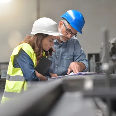 Two people wearing hard hats and safety vests reviewing a technical drawing in an industrial setting.