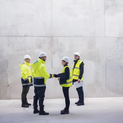 Four construction workers wearing high-visibility jackets and helmets standing and talking near a large concrete wall.