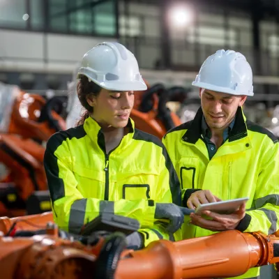 Two workers in high-visibility jackets and hard hats inspecting robotic equipment in a factory.