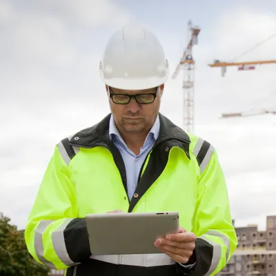 A person in a high-visibility jacket and white hard hat using a tablet on a construction site, with cranes and buildings in the background at sunset.