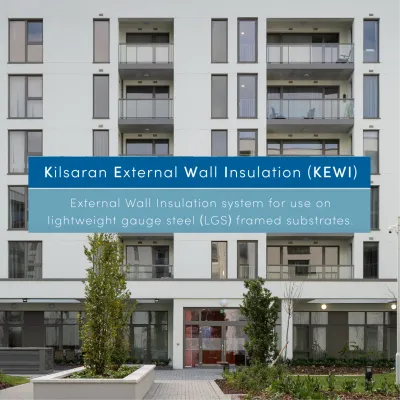 Front view of a modern apartment building with balconies and large windows. A blue banner across the image reads “Kilsaran External Wall Insulation (KEWI).