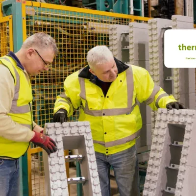 Two people in high-visibility jackets inspecting large grey insulation blocks inside a manufacturing facility, with machinery and safety fencing in the background.