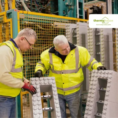 Two people in high-visibility jackets inspecting large grey insulation blocks inside a manufacturing facility, with machinery and safety fencing in the background.