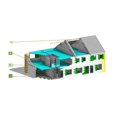 3D cutaway diagram of a two-storey house built with insulated concrete form (ICF) blocks.