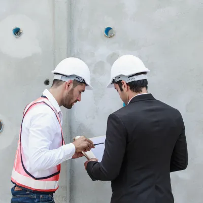 Two people wearing white safety helmets reviewing documents at a construction site in front of a concrete wall.