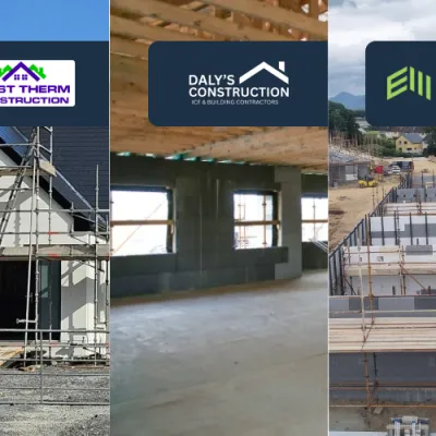 Three photos of buildings under construction. Left: house with scaffolding. Center: interior view with concrete walls and wooden beams. Right: large construction site with stacked wall panels and mountains in the background.