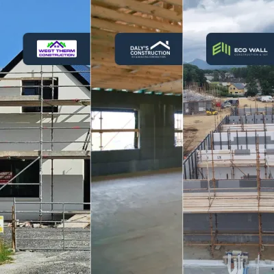 Three photos of buildings under construction. Left: house with scaffolding. Center: interior view with concrete walls and wooden beams. Right: large construction site with stacked wall panels and mountains in the background.