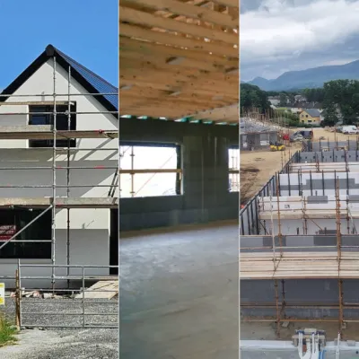 Three photos of buildings under construction. Left: house with scaffolding. Center: interior view with concrete walls and wooden beams. Right: large construction site with stacked wall panels and mountains in the background.