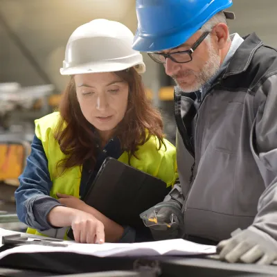 Two people wearing hard hats and safety vests reviewing documents at a worksite, with one person pointing at the papers.