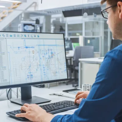 Person working at a desk with a computer monitor displaying technical engineering drawings,
