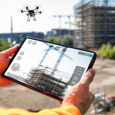 Worker using a tablet to pilot a drone over a construction site, with cranes and a multi-storey building in the background.
