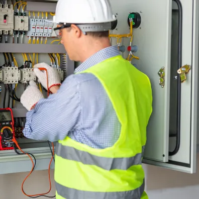 Person wearing a hard hat, high-visibility vest, and gloves using a multimeter to check electrical connections inside an open control panel.
