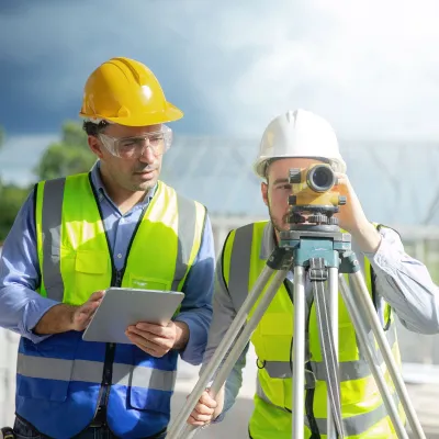 Two people wearing hard hats and reflective vests working at a construction site, with one person using a surveyor’s level on a tripod and the other holding a tablet.