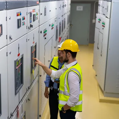 Two people wearing safety helmets and reflective vests inspecting and operating control panels inside an industrial facility.