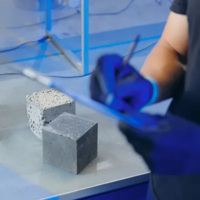 Concrete test cubes on a table, with one cube placed on a digital scale and a person wearing gloves holding a clipboard in the foreground.