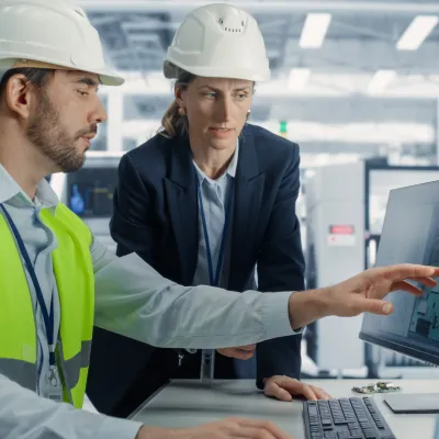 Engineer in a safety vest and hard hat pointing at a computer screen while discussing data with a colleague in a hard hat inside an industrial facility.