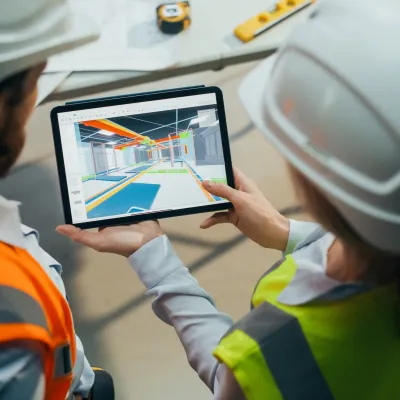 Two construction workers in hard hats review a BIM model of MEP services on a tablet at the jobsite.