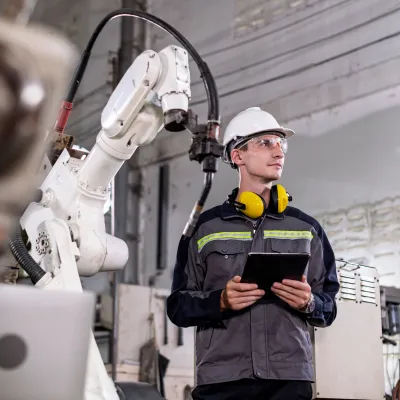Person wearing a hard hat, safety glasses, and protective clothing with yellow ear protectors around their neck, holding a tablet while standing next to industrial robotic machinery.