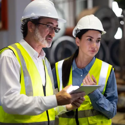 Two people wearing white hard hats and yellow reflective vests standing in an industrial setting, looking in the same direction while one holds a tablet.
