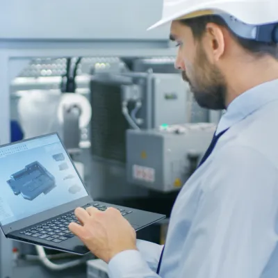 Engineer viewing a 3D CAD model on a laptop.