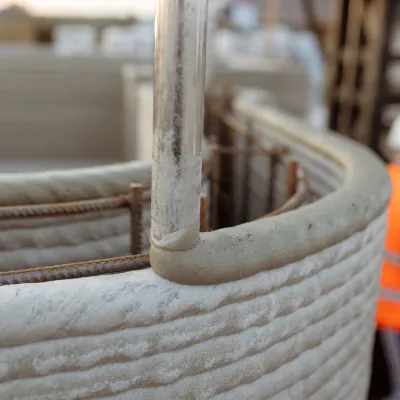 Close-up of a 3D-printed concrete wall with visible reinforcement bars.