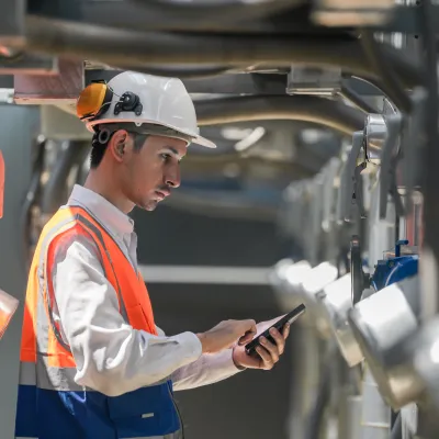 A construction worker wearing safety gear using a tablet near machinery.