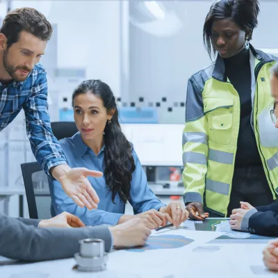 Diverse team of professionals collaborating around a table in an office environment.