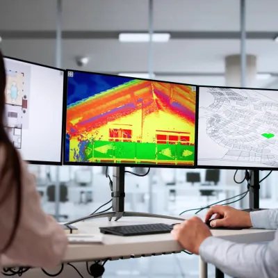 Two people looking at thermal imaging of a building on computer monitors.