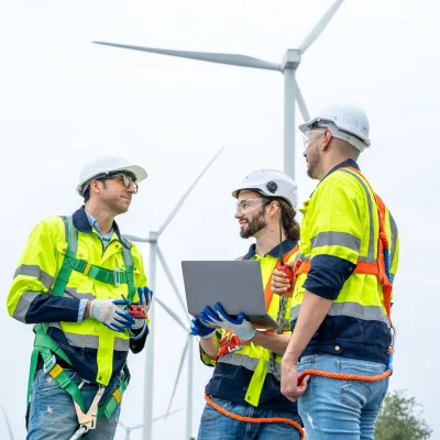 Three workers in safety gear discussing plans near a wind turbine.