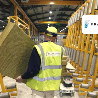Construction worker in a yellow safety vest handling insulation material inside a building frame.
