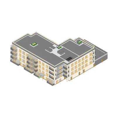 Isometric view of an L-shaped apartment building with beige walls and gray roof.