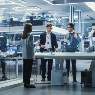 Professional team in modern laboratory environment with sleek workstations and glass walls.